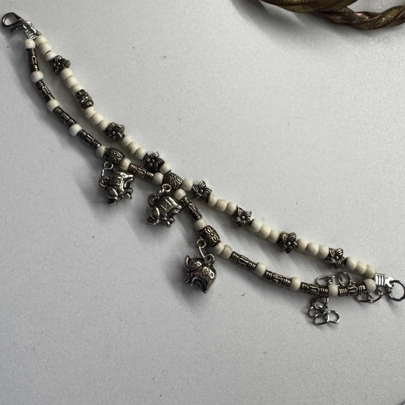 Silver and Cream Beaded Elephant Charm Bracelet - Picture 1 of 1